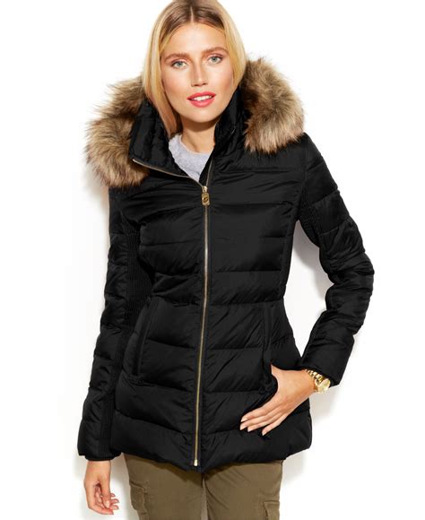 michael kors petite faux fur trim hooded coat|Faux Fur Trim Puffer Jacket .